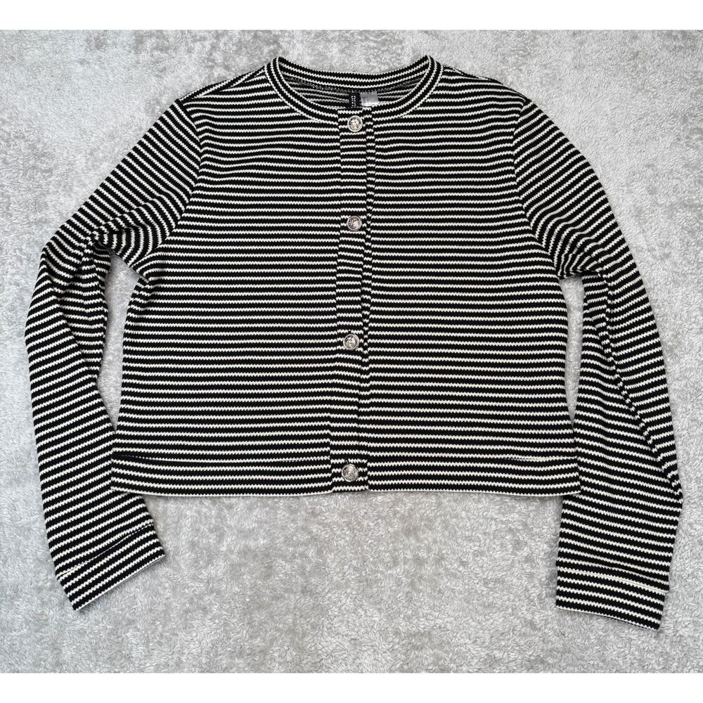H&M Black White Striped Cotton Blend Cardigan Jacket Womens Size L NWT